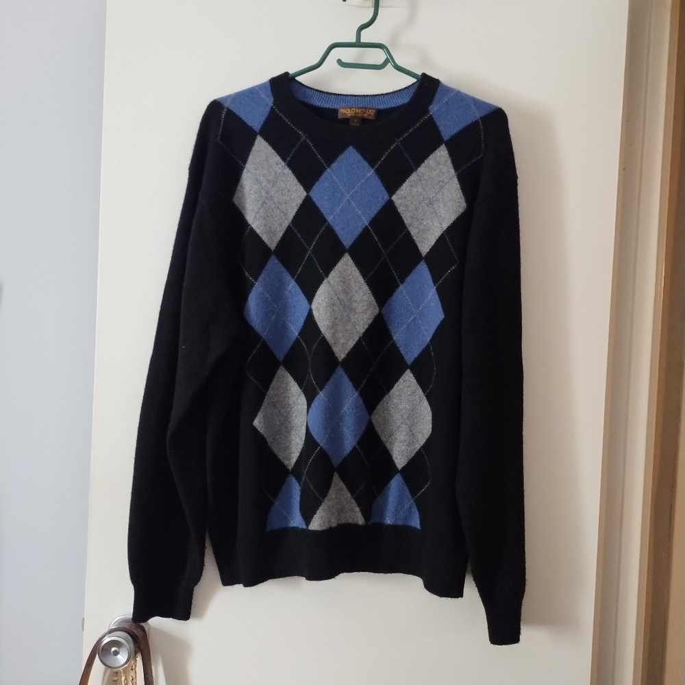 PAOLO MONDO 100% Cashmere Intarsia Blue Argyle Sweater XL